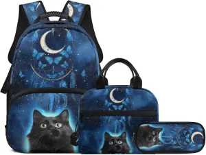 Cute 3D Black Cat Backpack Set Dreamcatcher Moon Schoolbag Bookbag with Insulated Lunchbag Shoulder Bag and Pencil Case Travel Daypack