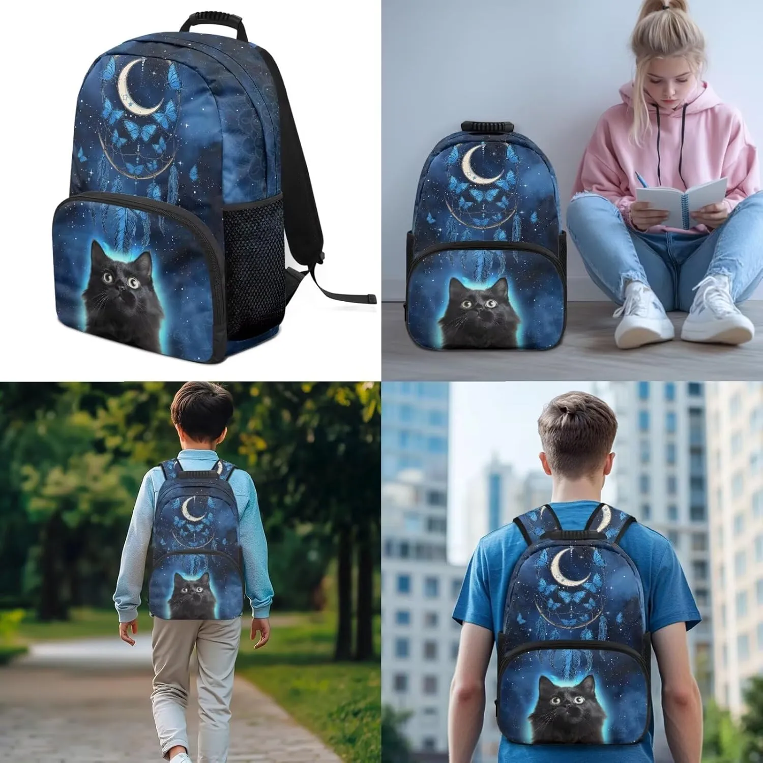 Cute 3D Black Cat Backpack Set Dreamcatcher Moon Schoolbag Bookbag with Insulated Lunchbag Shoulder Bag and Pencil Case Travel Daypack