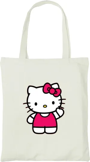 Cute Cartoon Cat Tote Bag – Pink and White Kawaii Style Reusable Shoulder Bag – Adorable Lightweight Canvas Tote for Women (Hello Catty)