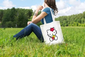Cute Cartoon Cat Tote Bag – Pink and White Kawaii Style Reusable Shoulder Bag – Adorable Lightweight Canvas Tote for Women (Hello Cutey Flower)