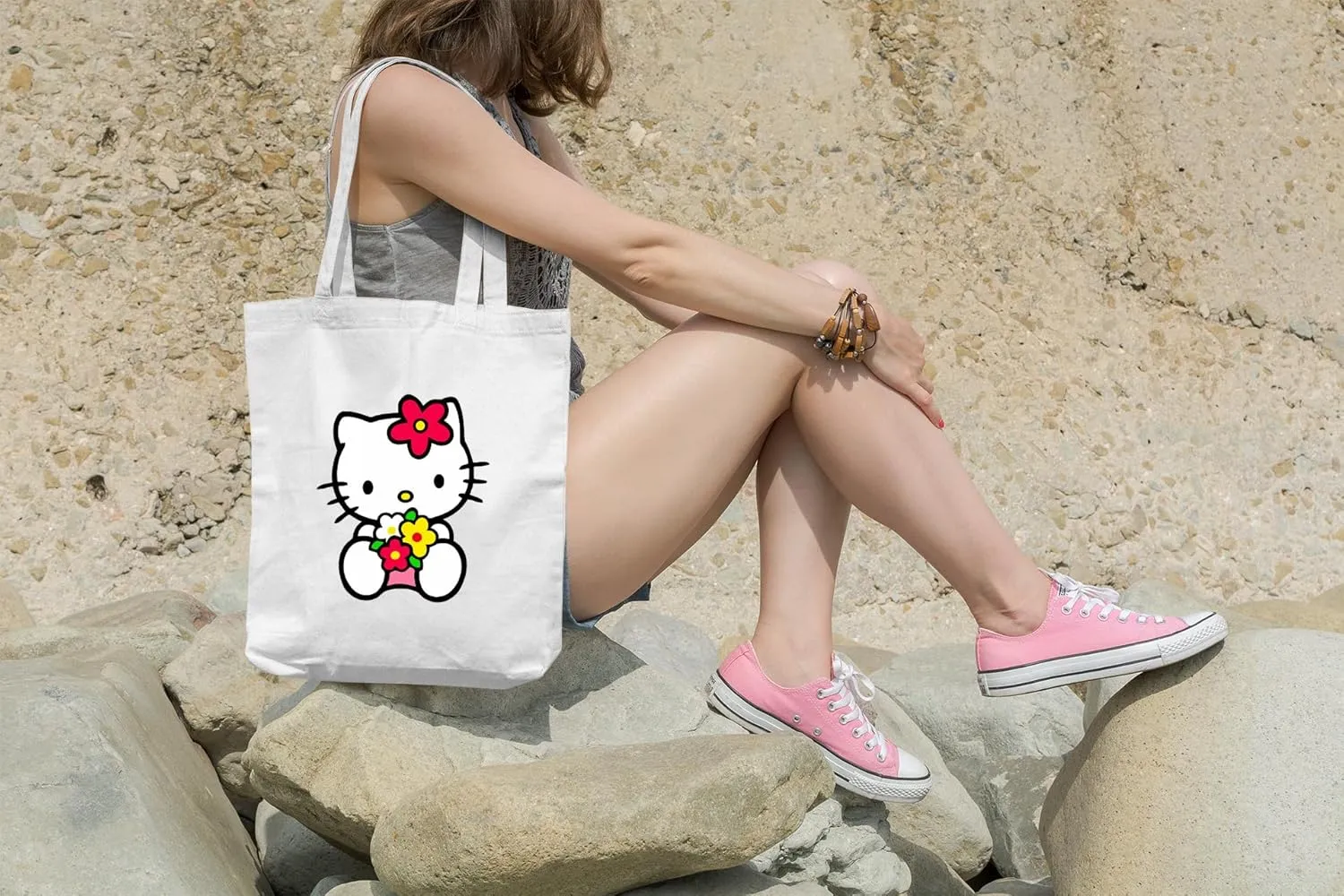 Cute Cartoon Cat Tote Bag – Pink and White Kawaii Style Reusable Shoulder Bag – Adorable Lightweight Canvas Tote for Women (Hello Cutey Flower)
