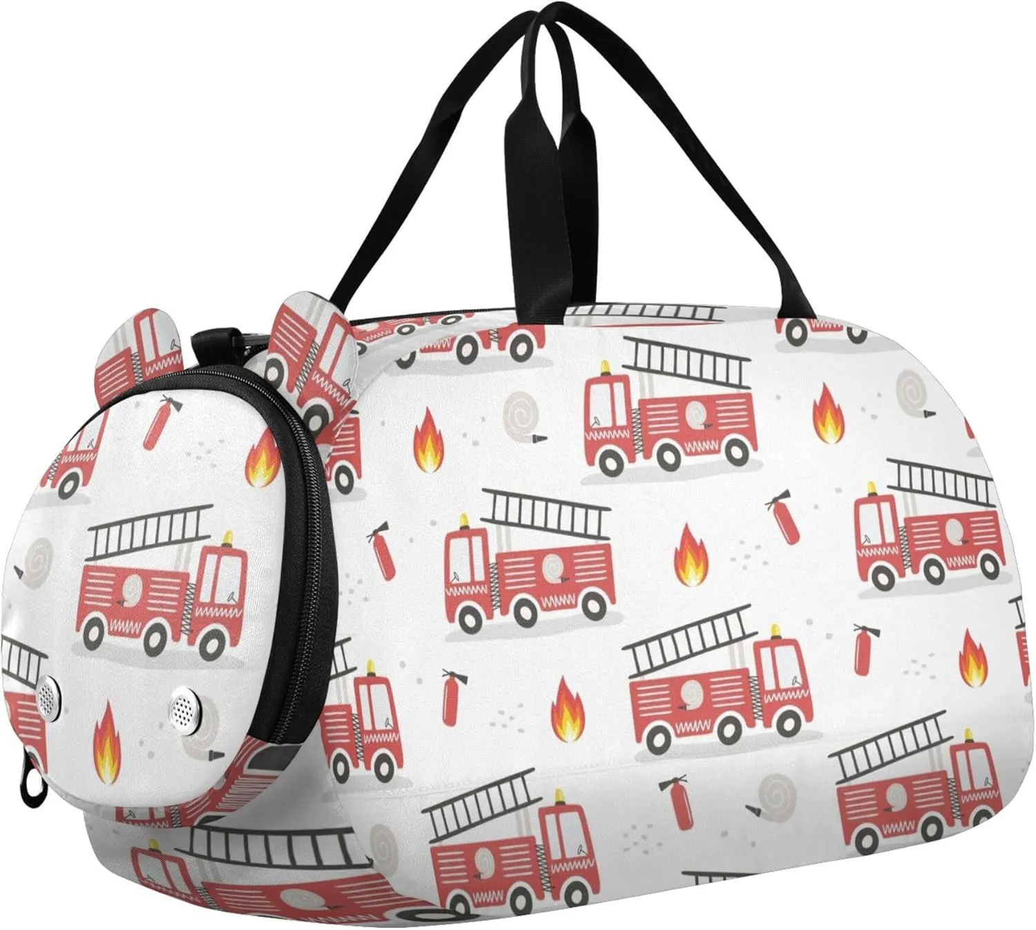 Cute Cartoon Fire Engines Cars Sports Duffle Bag for Girls Boys, Gym Bag with Shoe Compartment, Kids Travel Overnight Weekender Shoulder Bag