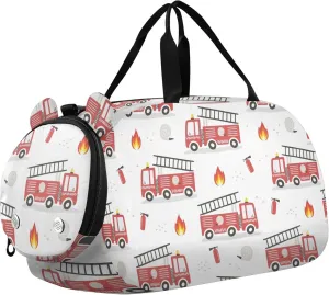 Cute Cartoon Fire Engines Cars Sports Duffle Bag for Girls Boys, Gym Bag with Shoe Compartment, Kids Travel Overnight Weekender Shoulder Bag