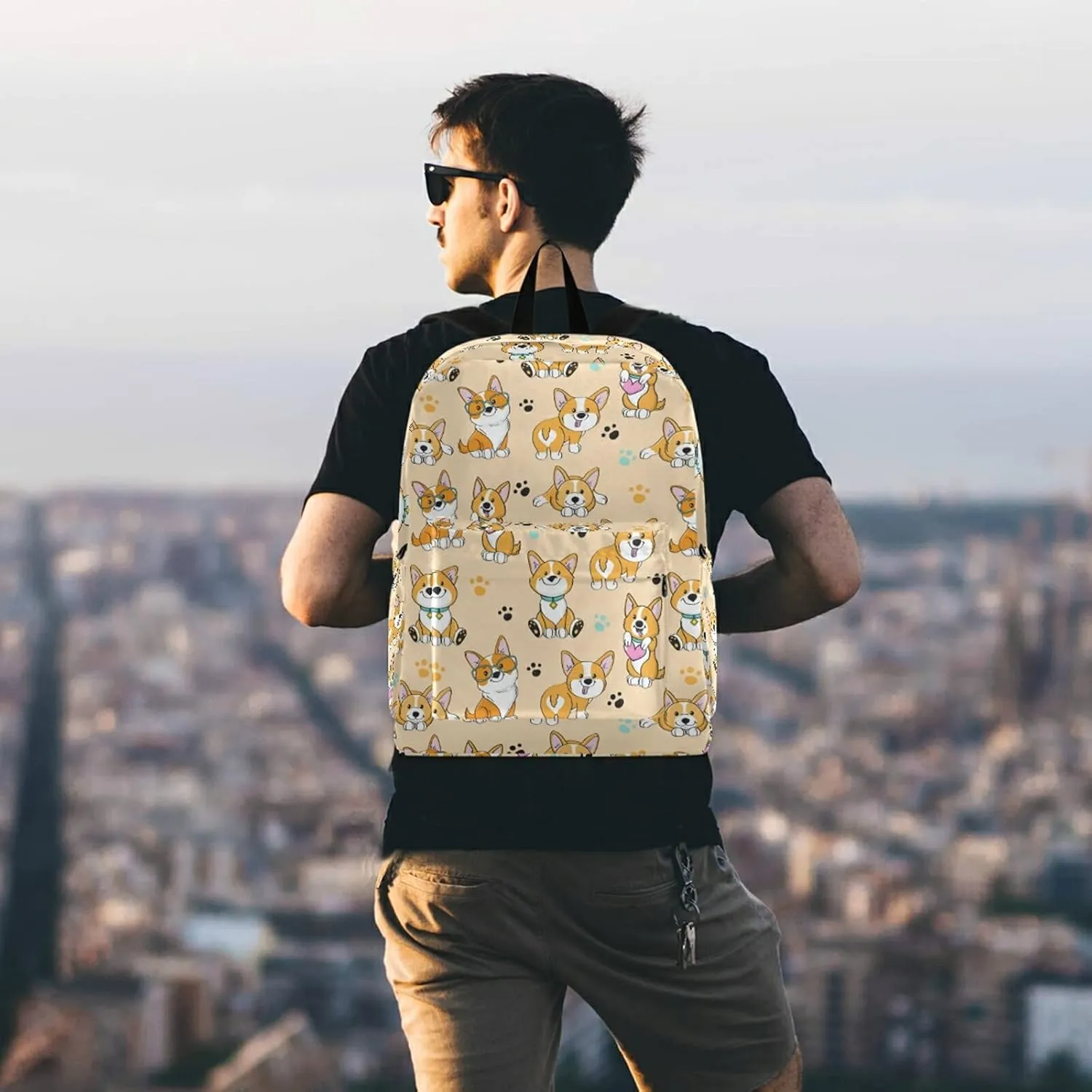 Cute Cartoon Funny Corgi Dogs Casual Polyester Computer Backpack Large Daypack for Business Sport Travel School Bookbags
