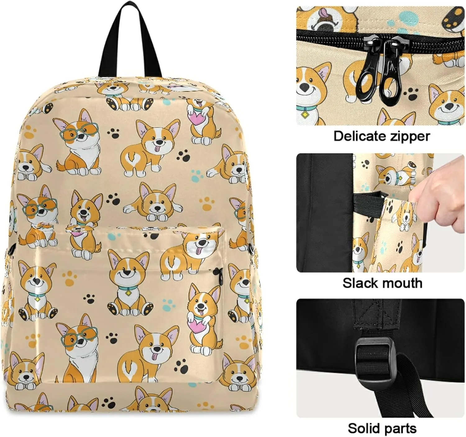 Cute Cartoon Funny Corgi Dogs Casual Polyester Computer Backpack Large Daypack for Business Sport Travel School Bookbags