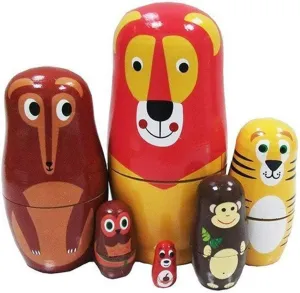 Cute Cartoon Lion Wolf Tiger Monkey Owl Squirrel Forest Animal Russian Nesting Dolls Matryoshka Doll Set 6 Pieces Handmade Kids Gifts Toy Home Decoration