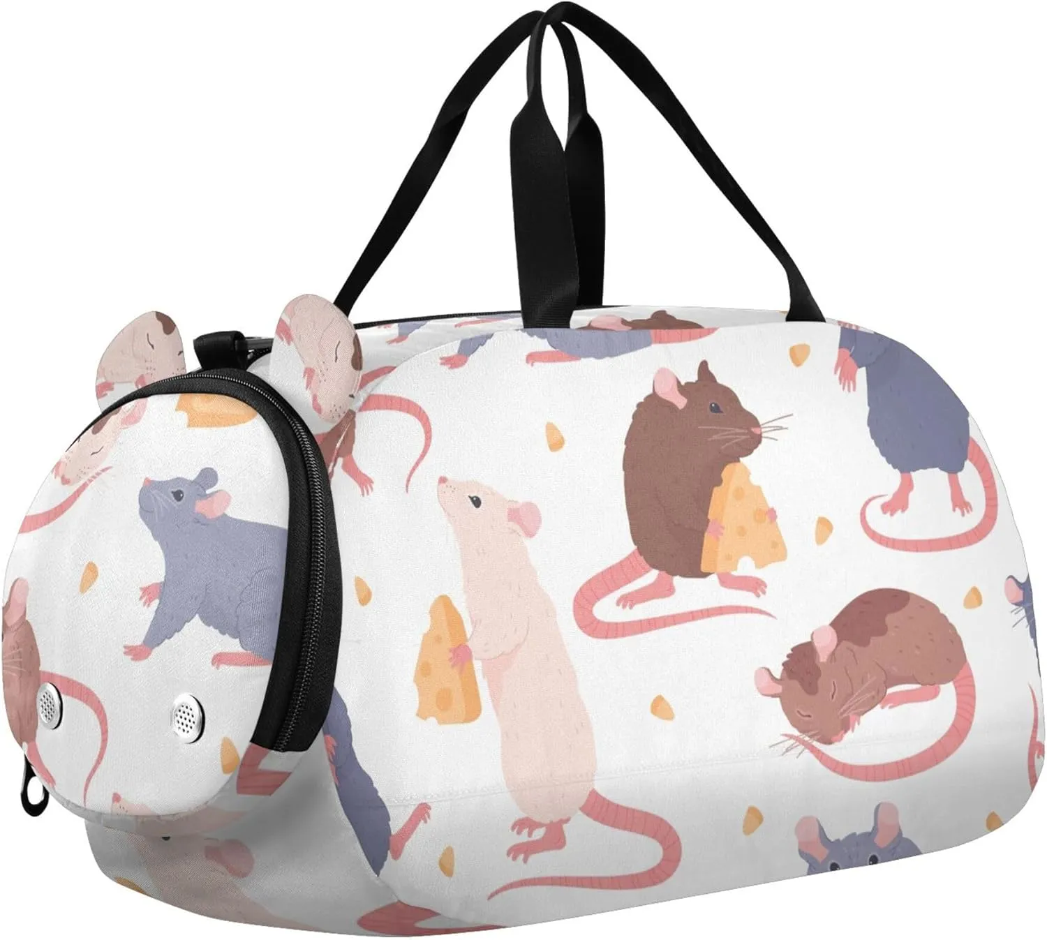 Cute Cartoon Mouse Eating Cheese Sports Duffle Bag for Girls Boys, Gym Bag with Shoe Compartment, Kids Travel Overnight Weekender Shoulder Bag