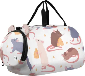 Cute Cartoon Mouse Eating Cheese Sports Duffle Bag for Girls Boys, Gym Bag with Shoe Compartment, Kids Travel Overnight Weekender Shoulder Bag