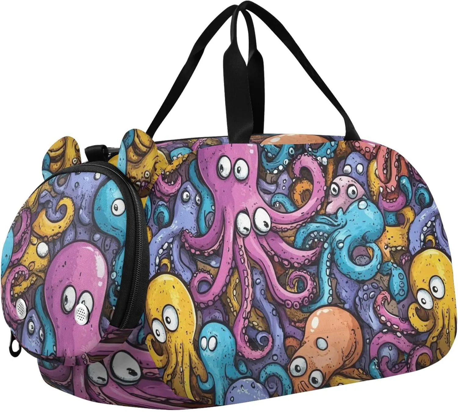 Cute Cartoon Octopus Sports Duffle Bag for Teens Girls Boys, Gym Bag with Shoe Compartment, Kids Travel Overnight Weekender Shoulder Bag