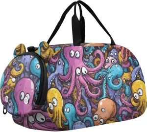Cute Cartoon Octopus Sports Duffle Bag for Teens Girls Boys, Gym Bag with Shoe Compartment, Kids Travel Overnight Weekender Shoulder Bag