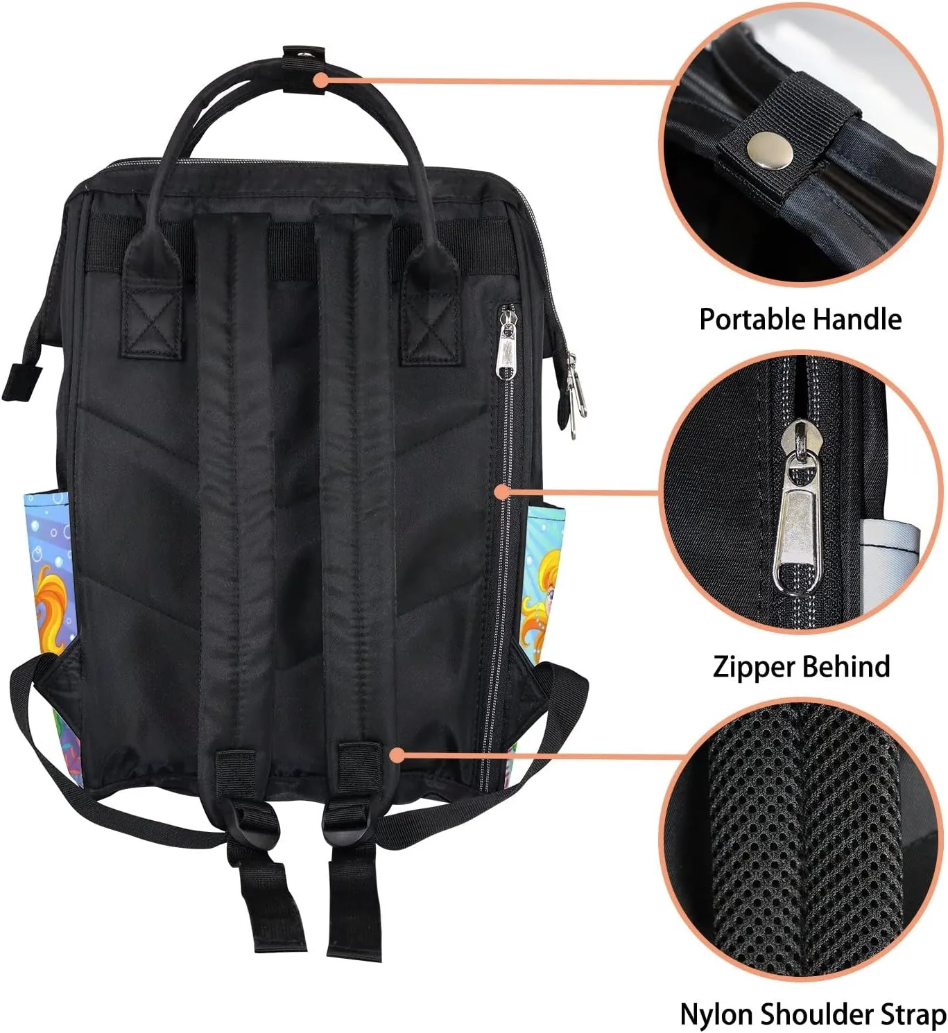 Cute Colorful Underwater World Style Mermaid Diaper Bag Backpack, waterproof backpack Baby Nappy Changing Bags Laptop Backpack for Travel, Large Capacity, Durable and Stylish for Woman and Men.