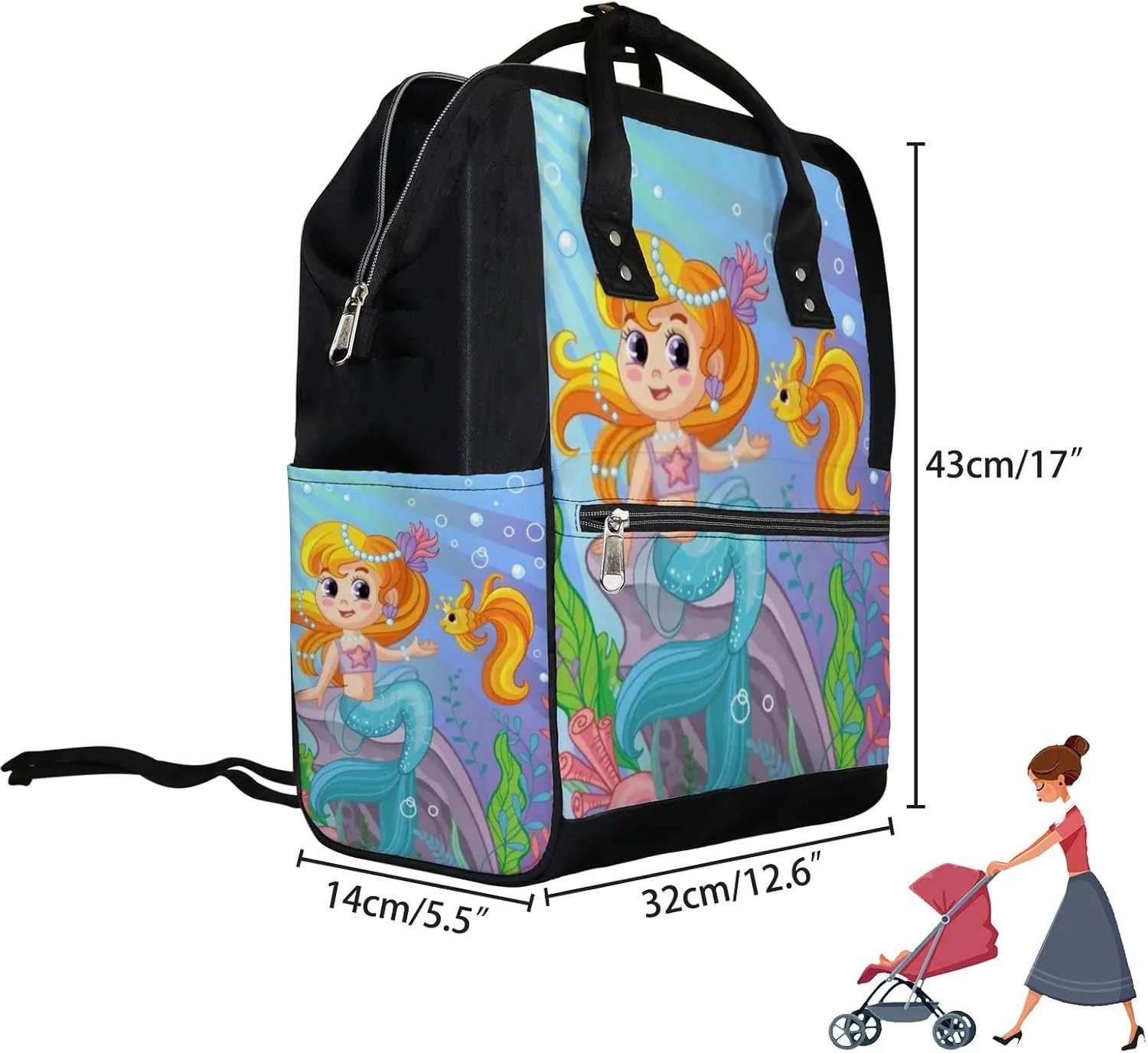 Cute Colorful Underwater World Style Mermaid Diaper Bag Backpack, waterproof backpack Baby Nappy Changing Bags Laptop Backpack for Travel, Large Capacity, Durable and Stylish for Woman and Men.