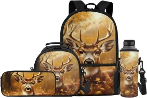 Cute Deer Kids School Bag for Girls and Boys Backpack and Lunch Box Water Bottle Holder Pencil Case 4 Piece Camo Deer Hunting Schoolbag Rucksack Daypack Back to School Supplies