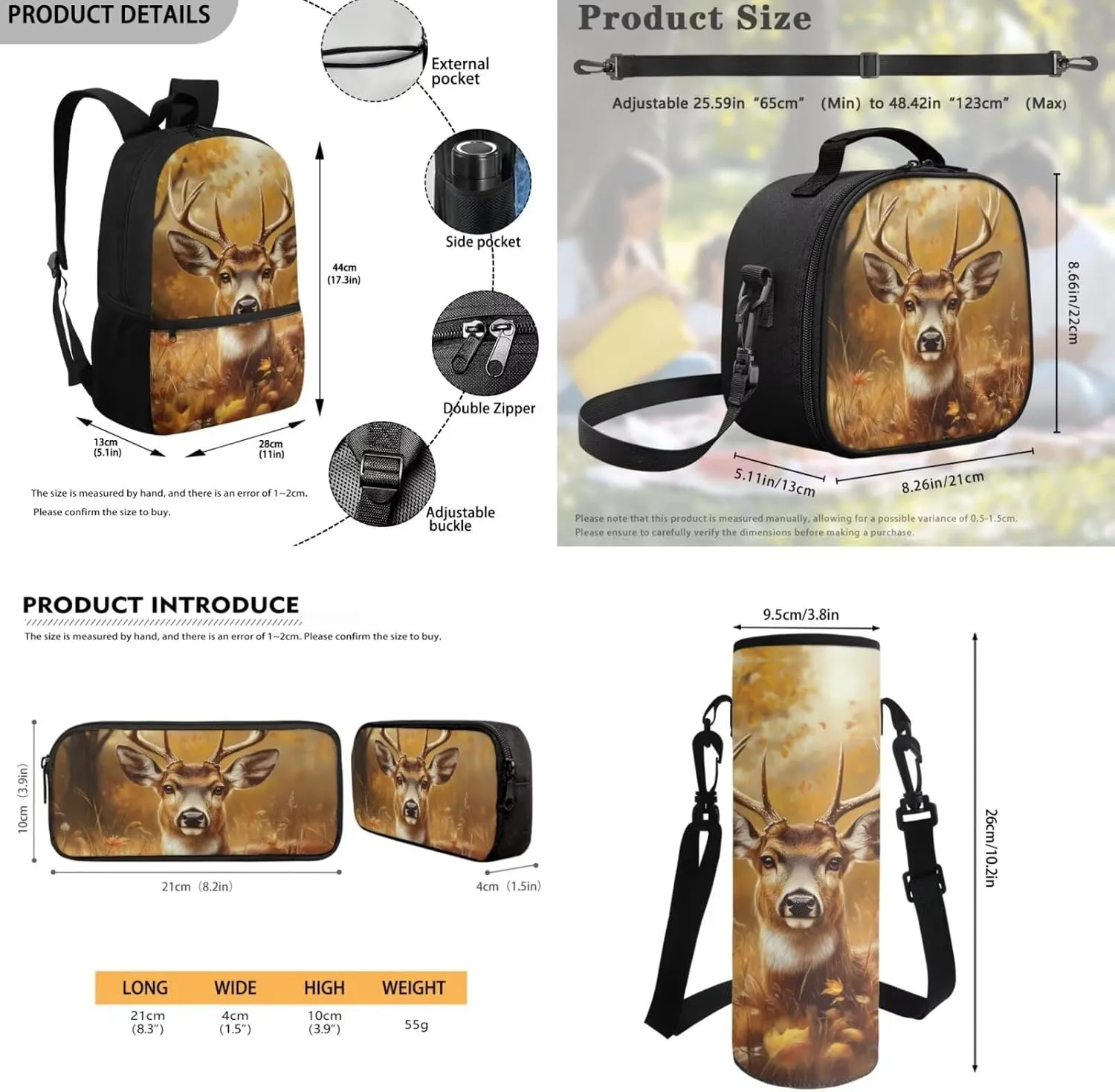 Cute Deer Kids School Bag for Girls and Boys Backpack and Lunch Box Water Bottle Holder Pencil Case 4 Piece Camo Deer Hunting Schoolbag Rucksack Daypack Back to School Supplies