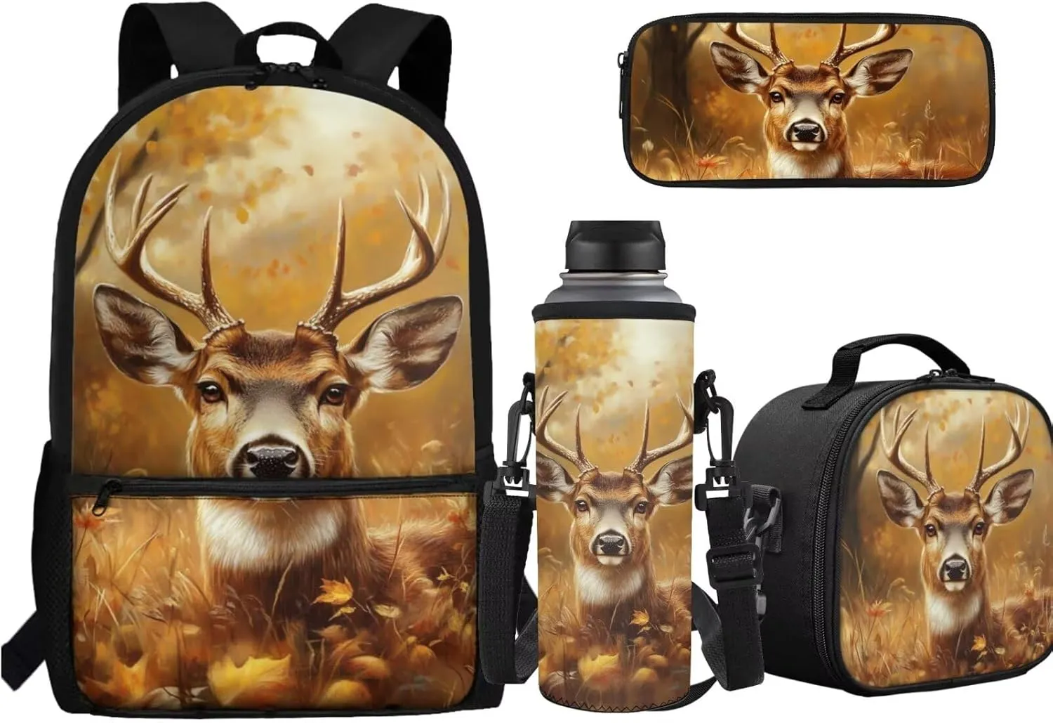 Cute Deer Kids School Bag for Girls and Boys Backpack and Lunch Box Water Bottle Holder Pencil Case 4 Piece Camo Deer Hunting Schoolbag Rucksack Daypack Back to School Supplies