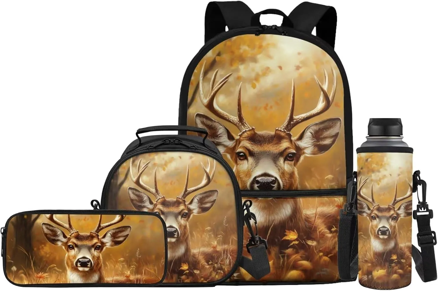 Cute Deer Kids School Bag for Girls and Boys Backpack and Lunch Box Water Bottle Holder Pencil Case 4 Piece Camo Deer Hunting Schoolbag Rucksack Daypack Back to School Supplies