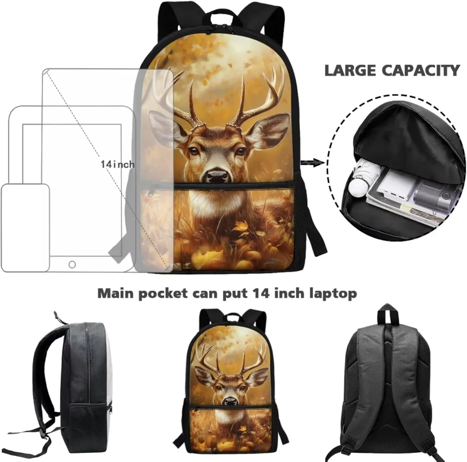 Cute Deer Kids School Bag for Girls and Boys Backpack and Lunch Box Water Bottle Holder Pencil Case 4 Piece Camo Deer Hunting Schoolbag Rucksack Daypack Back to School Supplies