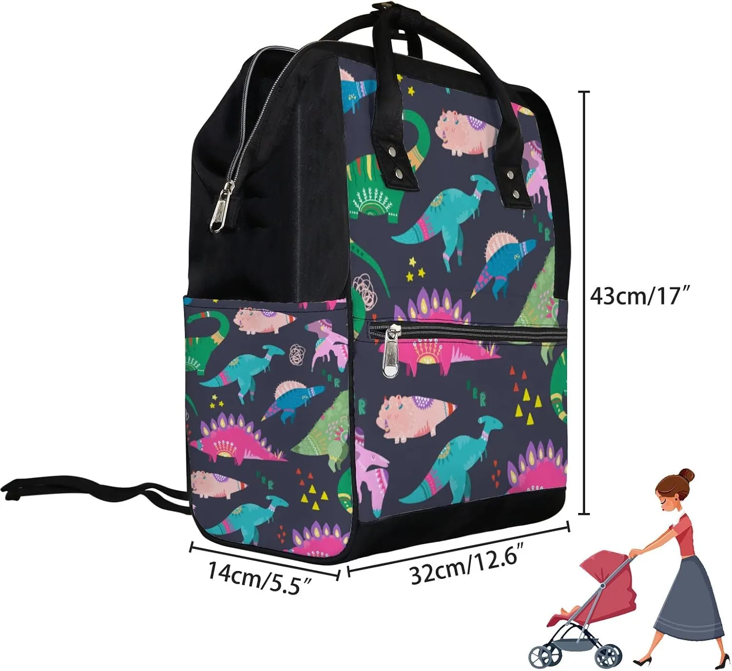 Cute Dinosaurs Colored Diaper Bag Backpack Waterproof Backpack Baby Nappy Changing Bag for Travel Large Capacity Durable and Stylish for Woman