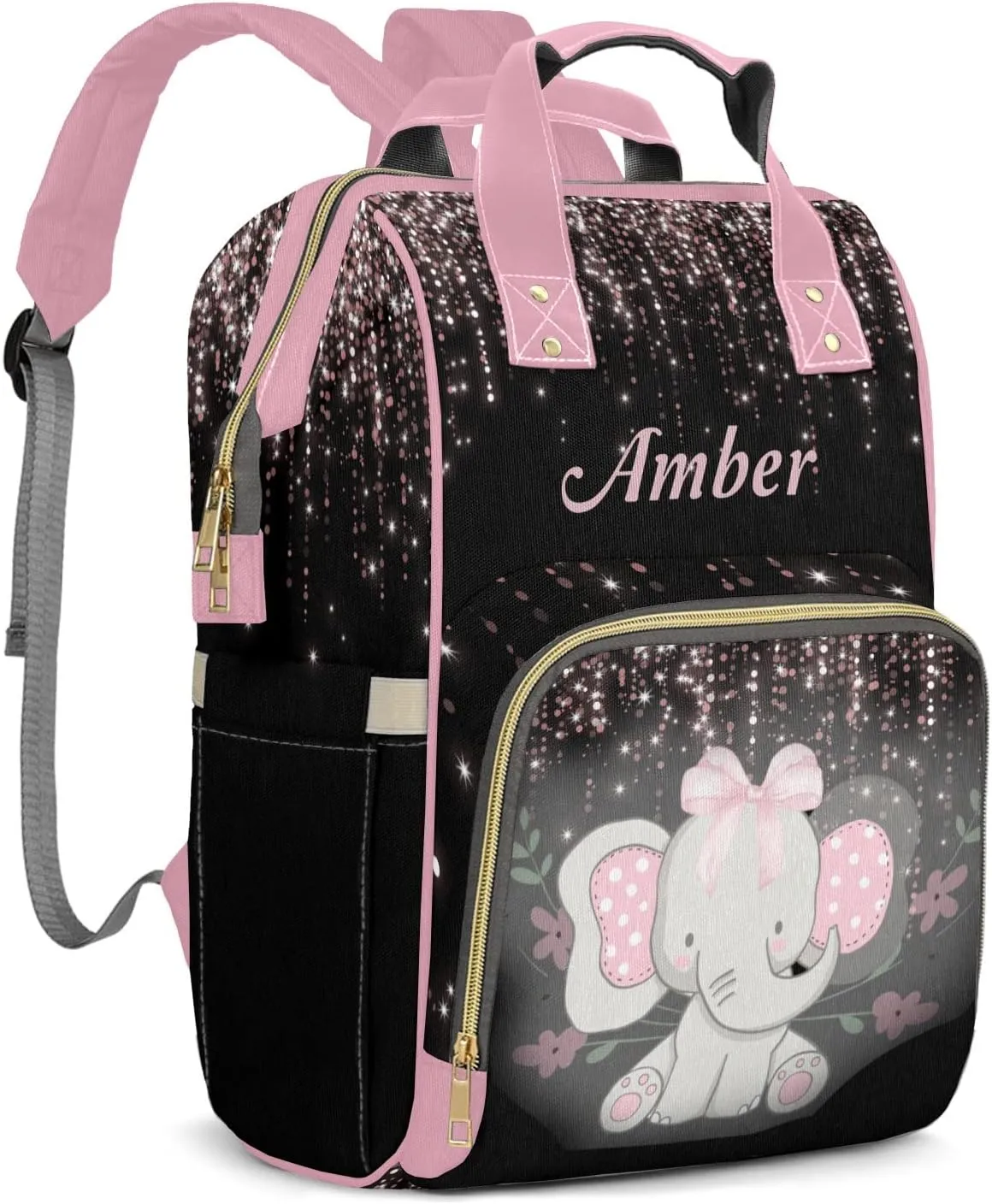 Cute Elephant Black Pink Personalized Diaper Bags Waterproof Backpack Shoulder Daypack for Mother's Day Gifts