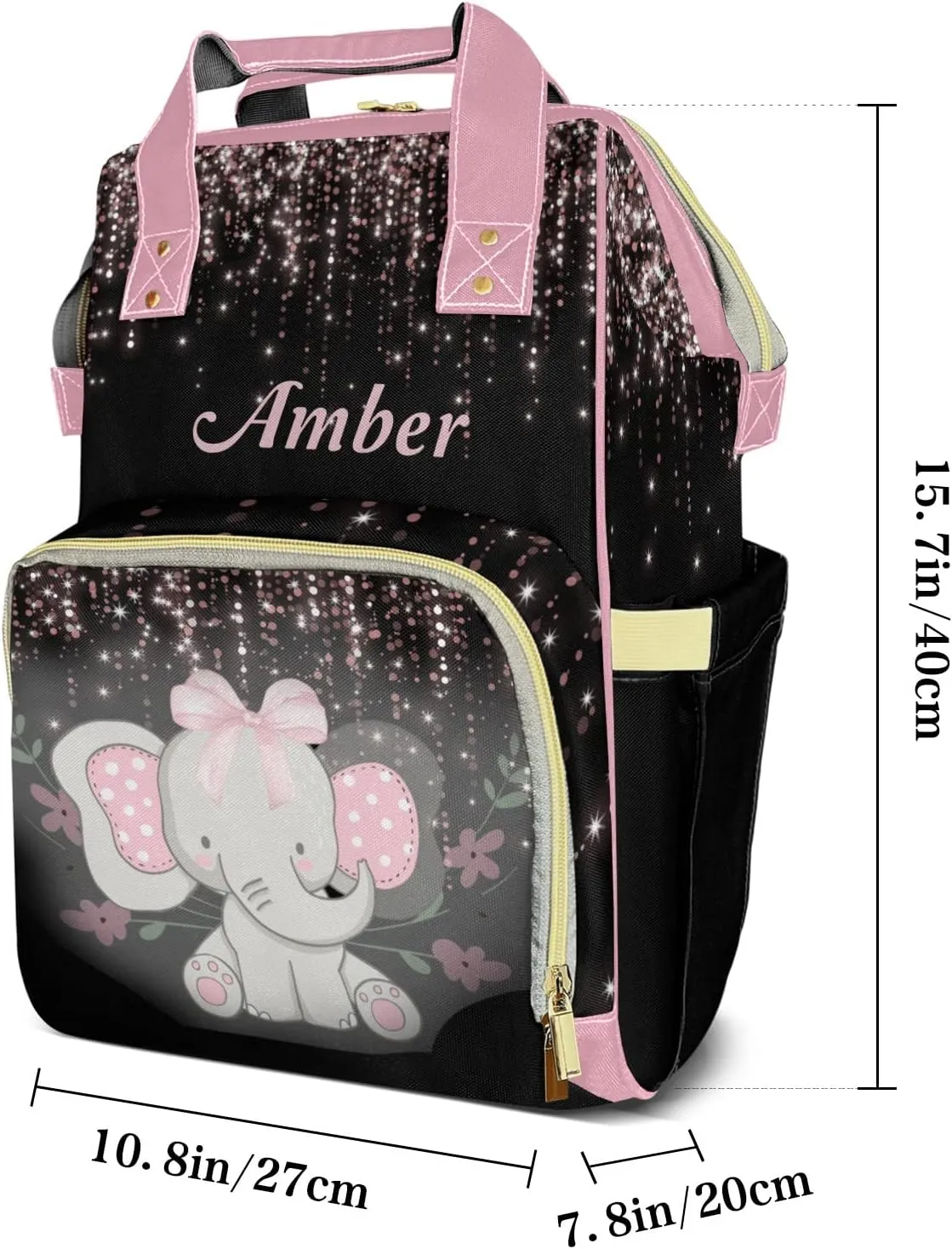 Cute Elephant Black Pink Personalized Diaper Bags Waterproof Backpack Shoulder Daypack for Mother's Day Gifts