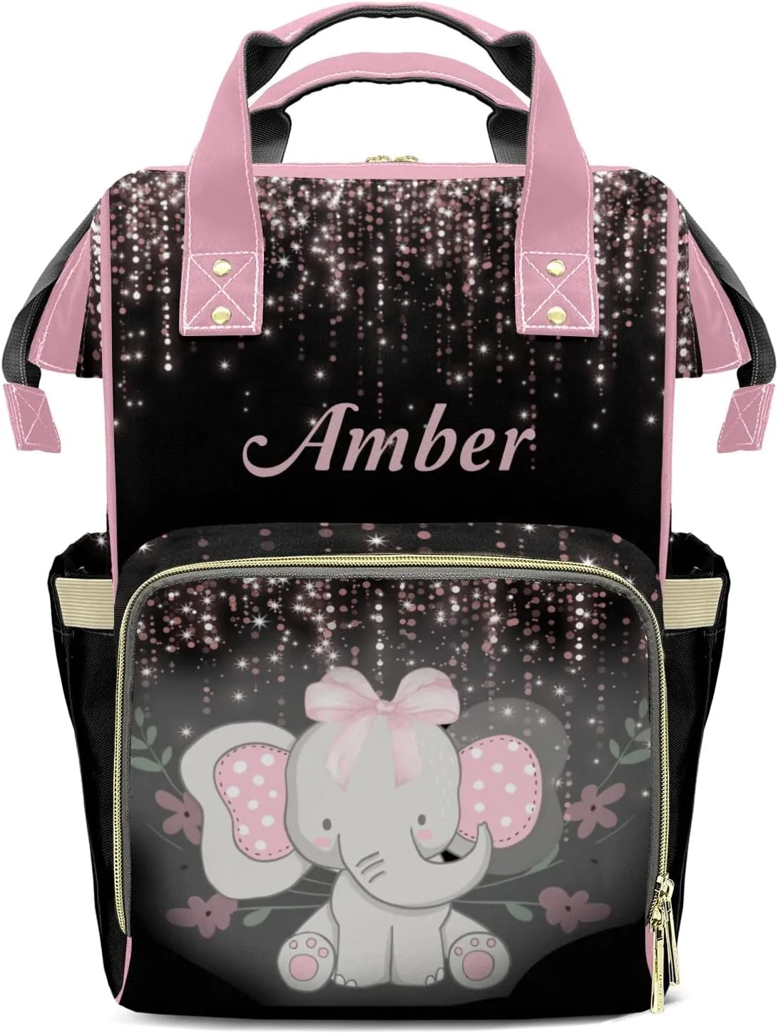 Cute Elephant Black Pink Personalized Diaper Bags Waterproof Backpack Shoulder Daypack for Mother's Day Gifts