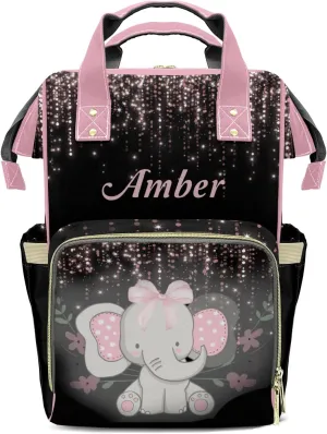 Cute Elephant Black Pink Personalized Diaper Bags Waterproof Backpack Shoulder Daypack for Mother's Day Gifts