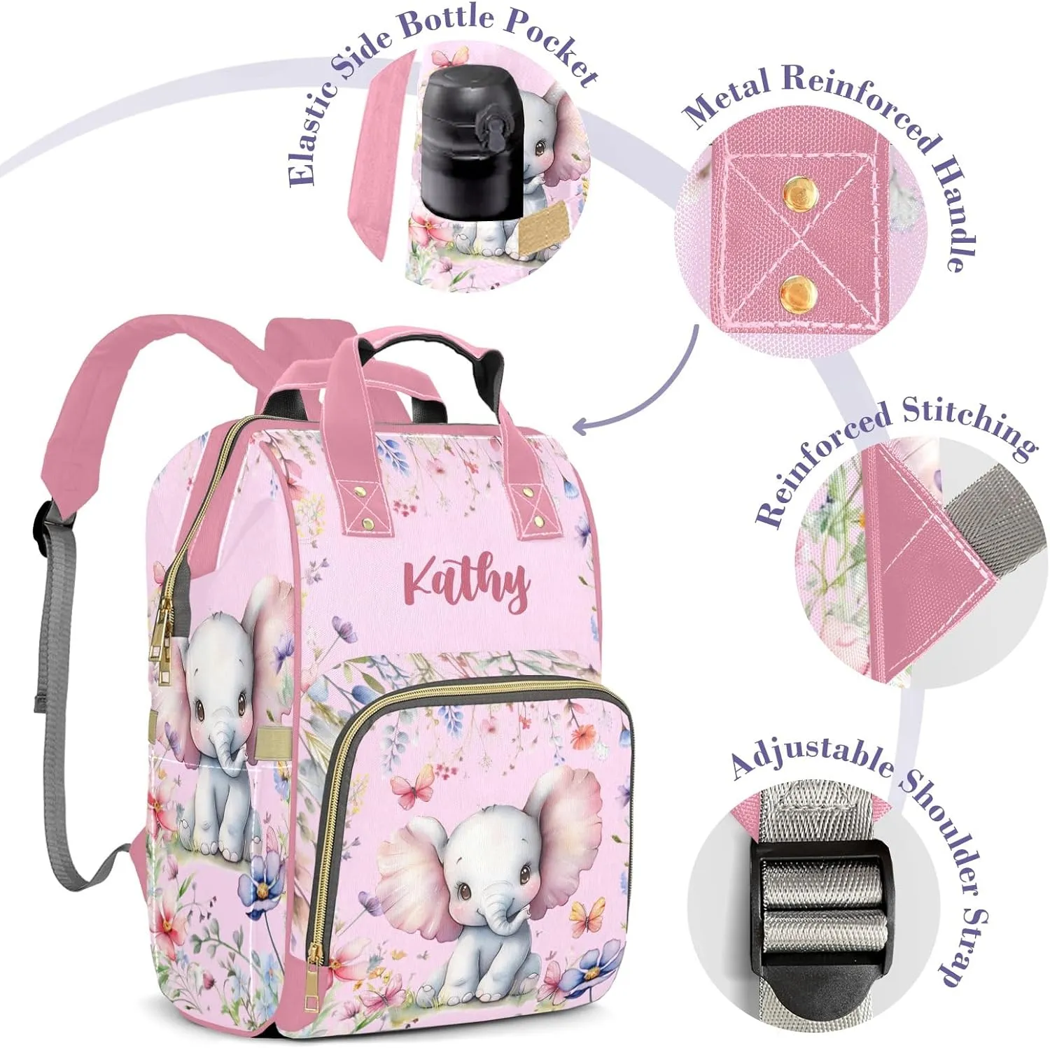 Cute Elephant Personalized Diaper Bags for Baby Girl with Name, Thermal Pockets, Large Custom Baby Bags for Girls, Waterproof Customized Nappy Bag Multi-function Mom Travel Daypack Backpack