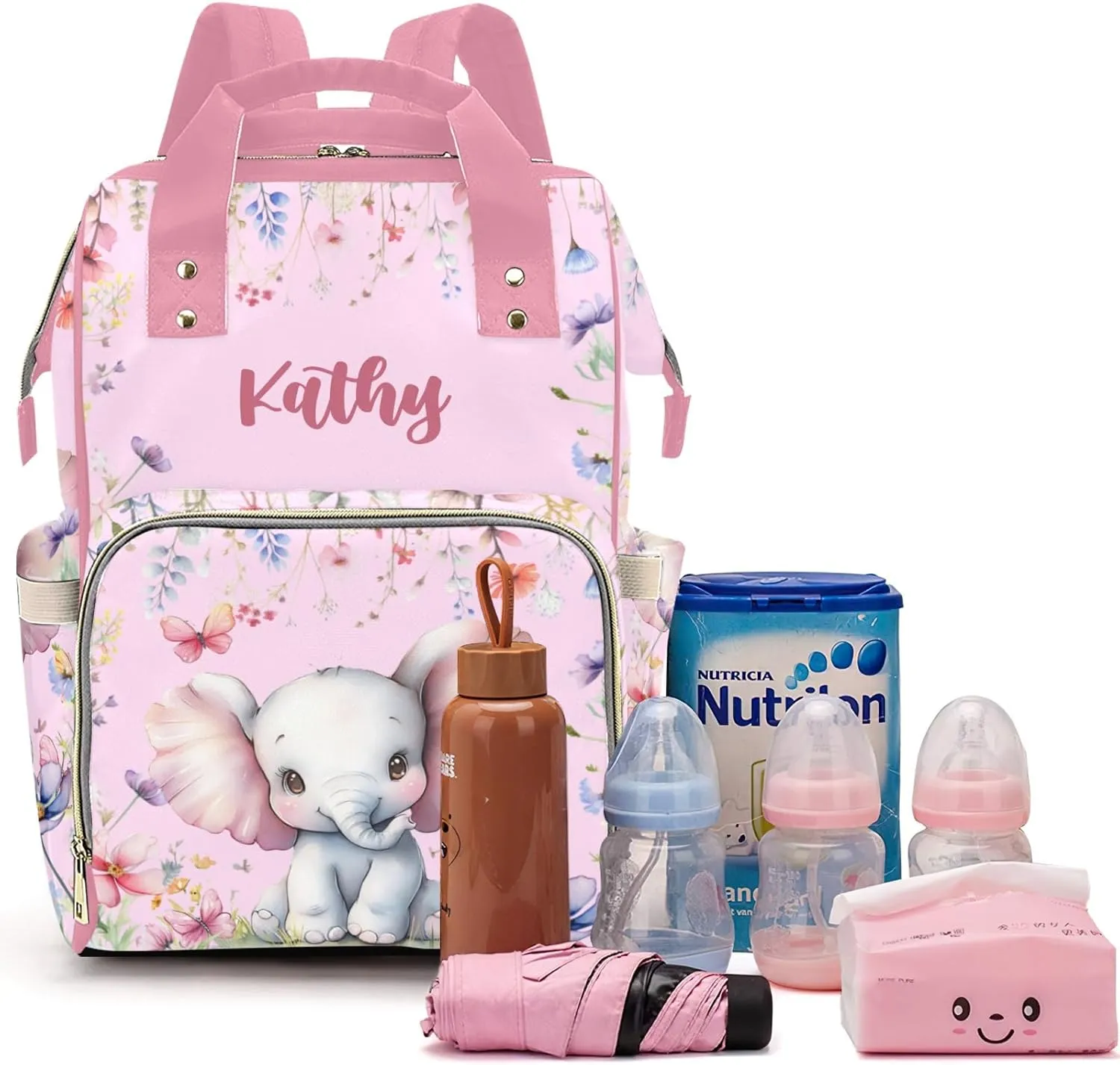 Cute Elephant Personalized Diaper Bags for Baby Girl with Name, Thermal Pockets, Large Custom Baby Bags for Girls, Waterproof Customized Nappy Bag Multi-function Mom Travel Daypack Backpack