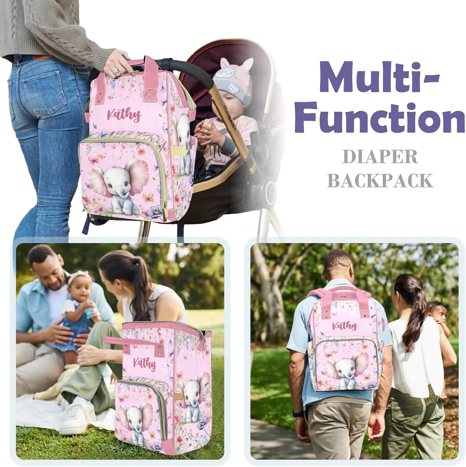 Cute Elephant Personalized Diaper Bags for Baby Girl with Name, Thermal Pockets, Large Custom Baby Bags for Girls, Waterproof Customized Nappy Bag Multi-function Mom Travel Daypack Backpack