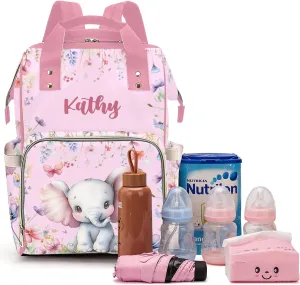 Cute Elephant Personalized Diaper Bags for Baby Girl with Name, Thermal Pockets, Large Custom Baby Bags for Girls, Waterproof Customized Nappy Bag Multi-function Mom Travel Daypack Backpack
