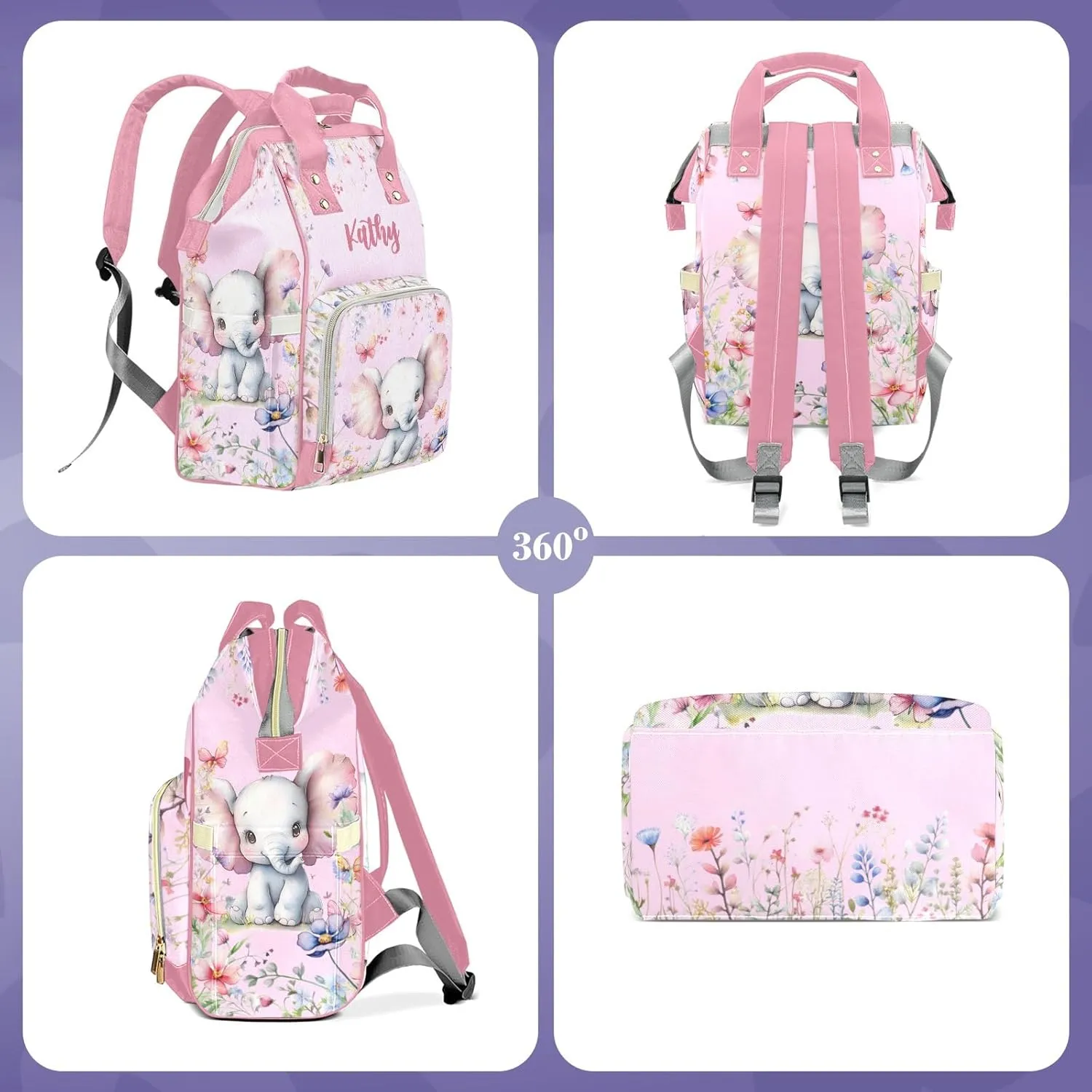 Cute Elephant Personalized Diaper Bags for Baby Girl with Name, Thermal Pockets, Large Custom Baby Bags for Girls, Waterproof Customized Nappy Bag Multi-function Mom Travel Daypack Backpack