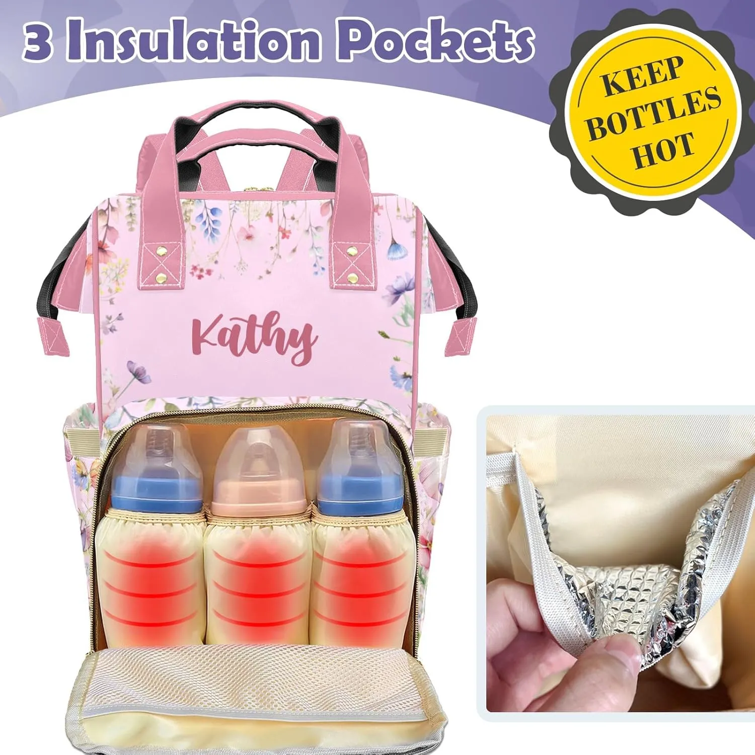 Cute Elephant Personalized Diaper Bags for Baby Girl with Name, Thermal Pockets, Large Custom Baby Bags for Girls, Waterproof Customized Nappy Bag Multi-function Mom Travel Daypack Backpack