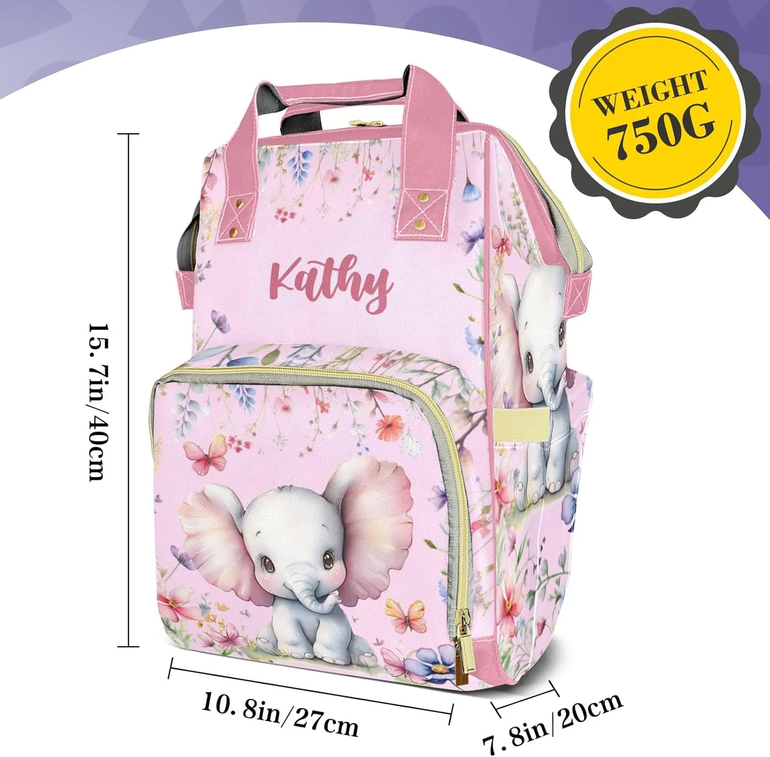 Cute Elephant Personalized Diaper Bags for Baby Girl with Name, Thermal Pockets, Large Custom Baby Bags for Girls, Waterproof Customized Nappy Bag Multi-function Mom Travel Daypack Backpack