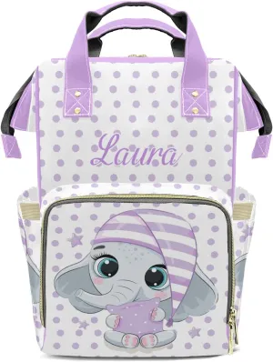 Cute Elephant Purple Diaper Bags with Name Personalized Baby Bag Travel Tote Bag Waterproof Backpack for Mom Gift
