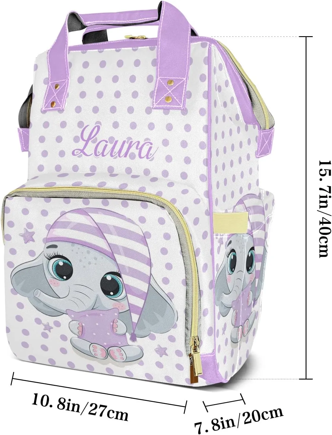 Cute Elephant Purple Diaper Bags with Name Personalized Baby Bag Travel Tote Bag Waterproof Backpack for Mom Gift