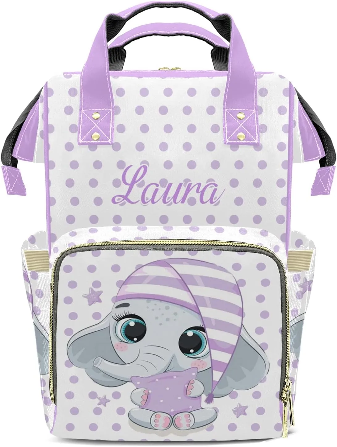 Cute Elephant Purple Diaper Bags with Name Personalized Baby Bag Travel Tote Bag Waterproof Backpack for Mom Gift