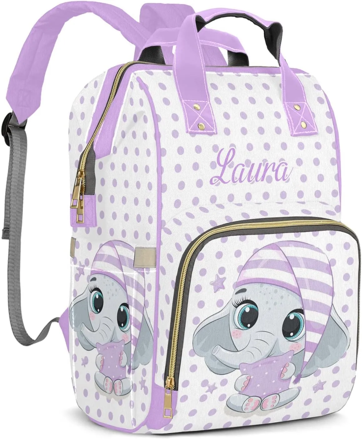 Cute Elephant Purple Diaper Bags with Name Personalized Baby Bag Travel Tote Bag Waterproof Backpack for Mom Gift