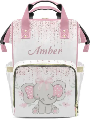 Cute Elephant White Pink Diaper Bags with Name Personalized Baby Bag Travel Tote Bag Waterproof Backpack for Mom Gift