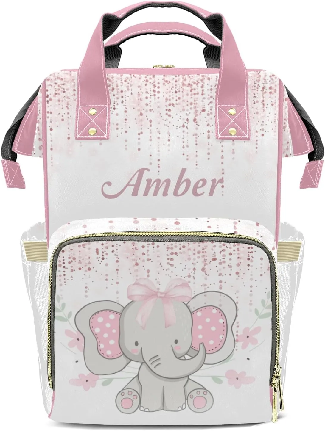 Cute Elephant White Pink Diaper Bags with Name Personalized Baby Bag Travel Tote Bag Waterproof Backpack for Mom Gift