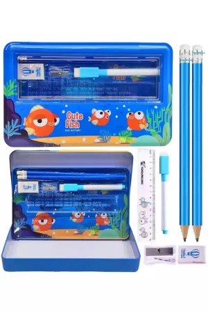 Cute Fish Printed Metal Pencil Case for Kids (Blue) - Pack of 1
