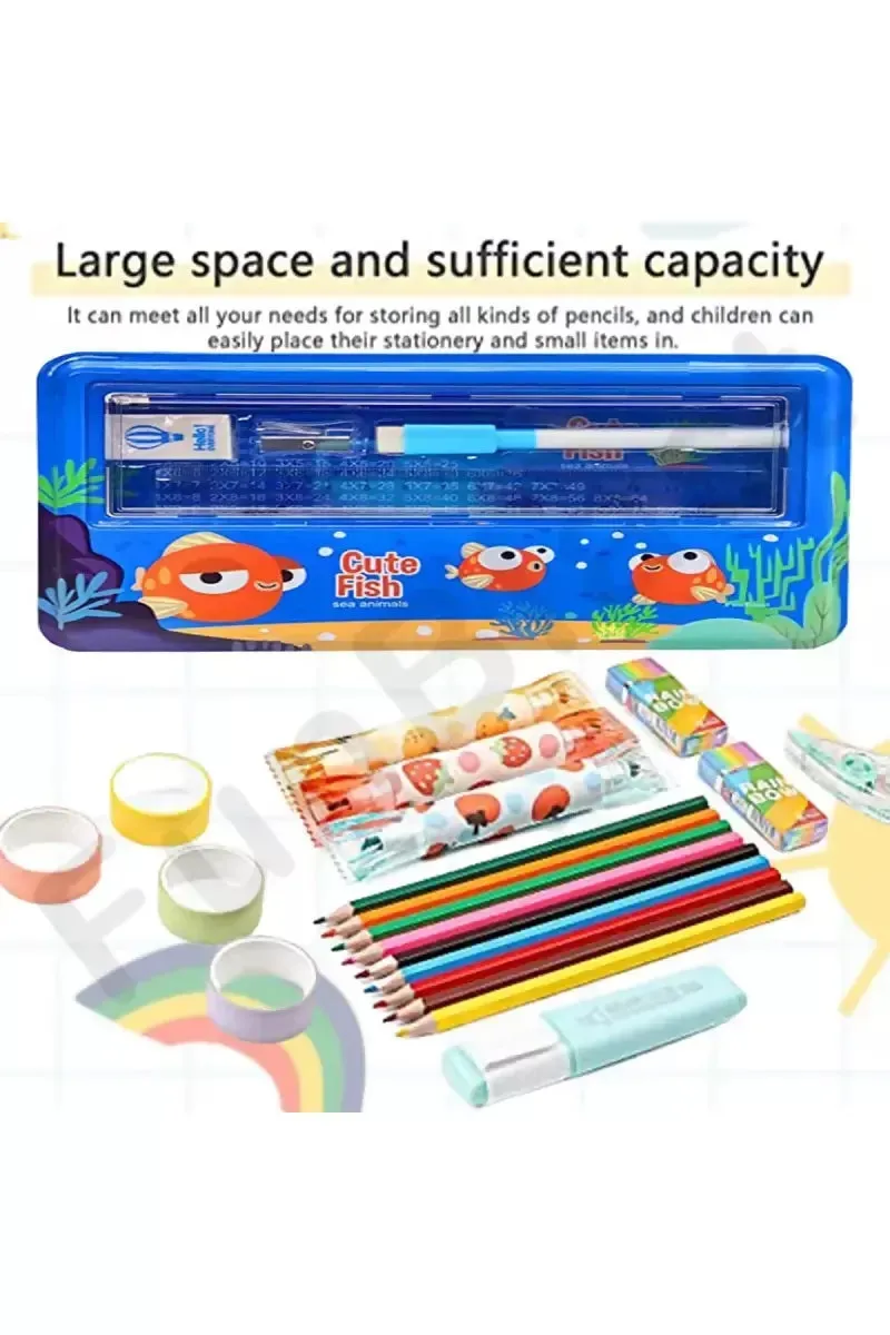 Cute Fish Printed Metal Pencil Case for Kids (Blue) - Pack of 1