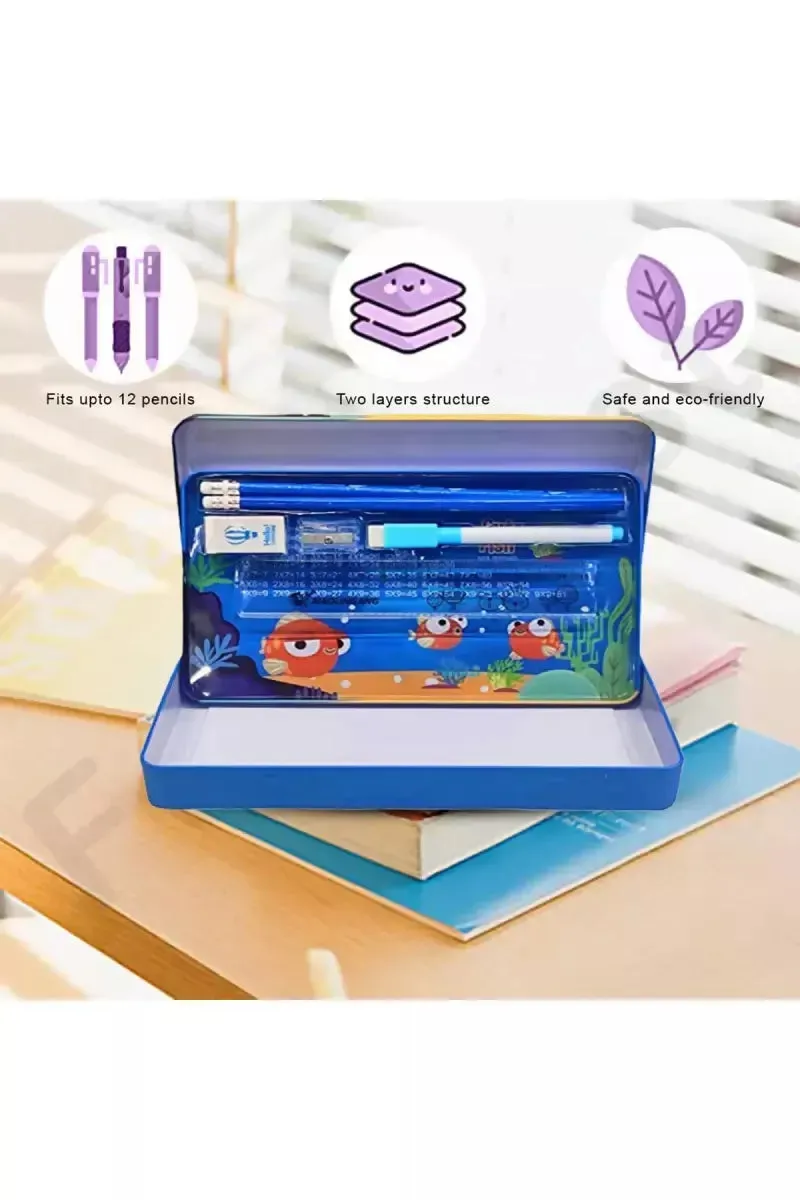 Cute Fish Printed Metal Pencil Case for Kids (Blue) - Pack of 1