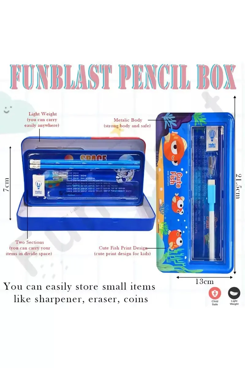 Cute Fish Printed Metal Pencil Case for Kids (Blue) - Pack of 1