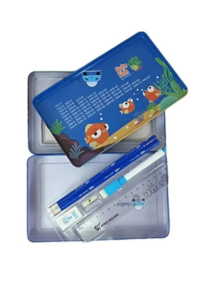 Cute Fish Printed Metal Pencil Case for Kids (Blue) - Pack of 1