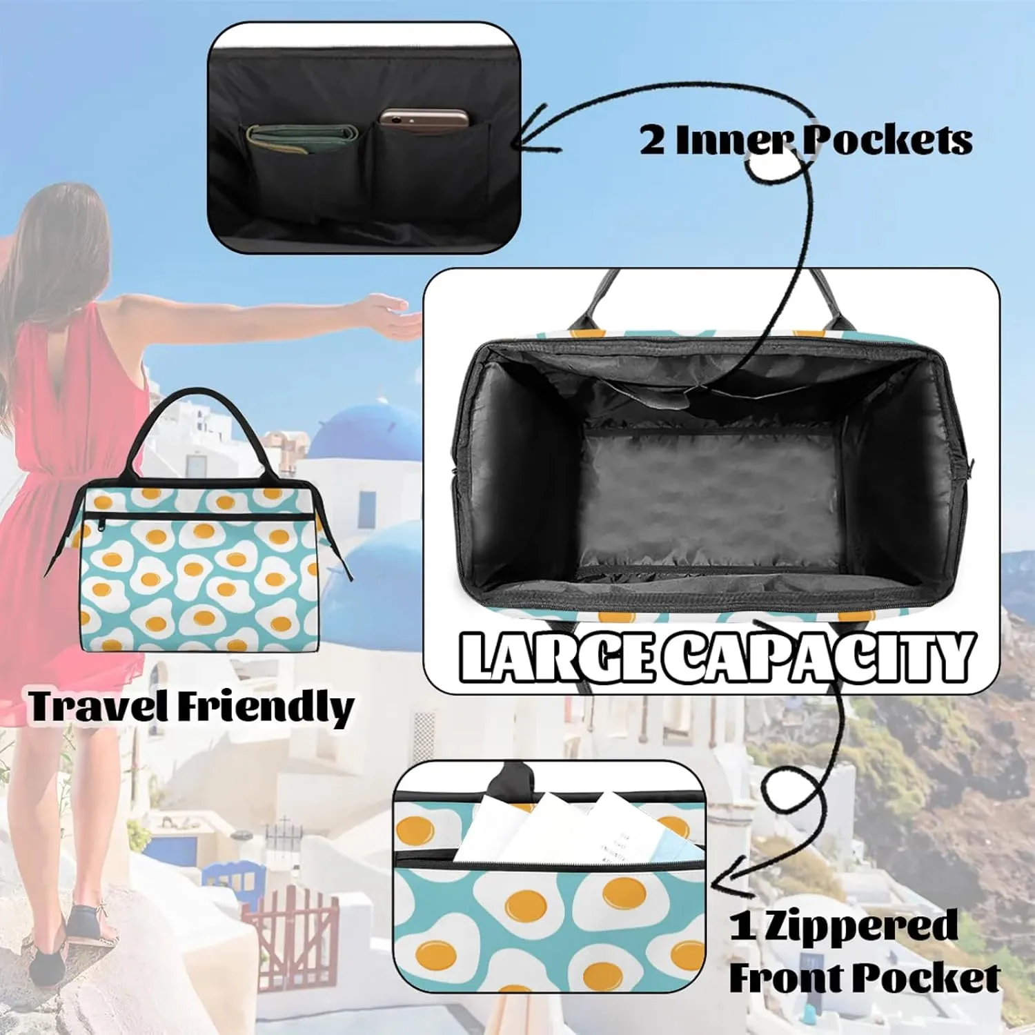 Cute Food Egg Travel Duffel Bag Gym Tote Bag for Women Men Waterproof Weekend Overnight Bag Carry On Tote Luggage with Pocket Personal Item Bags Sports Bag fit Travel Sports Gym Yoga