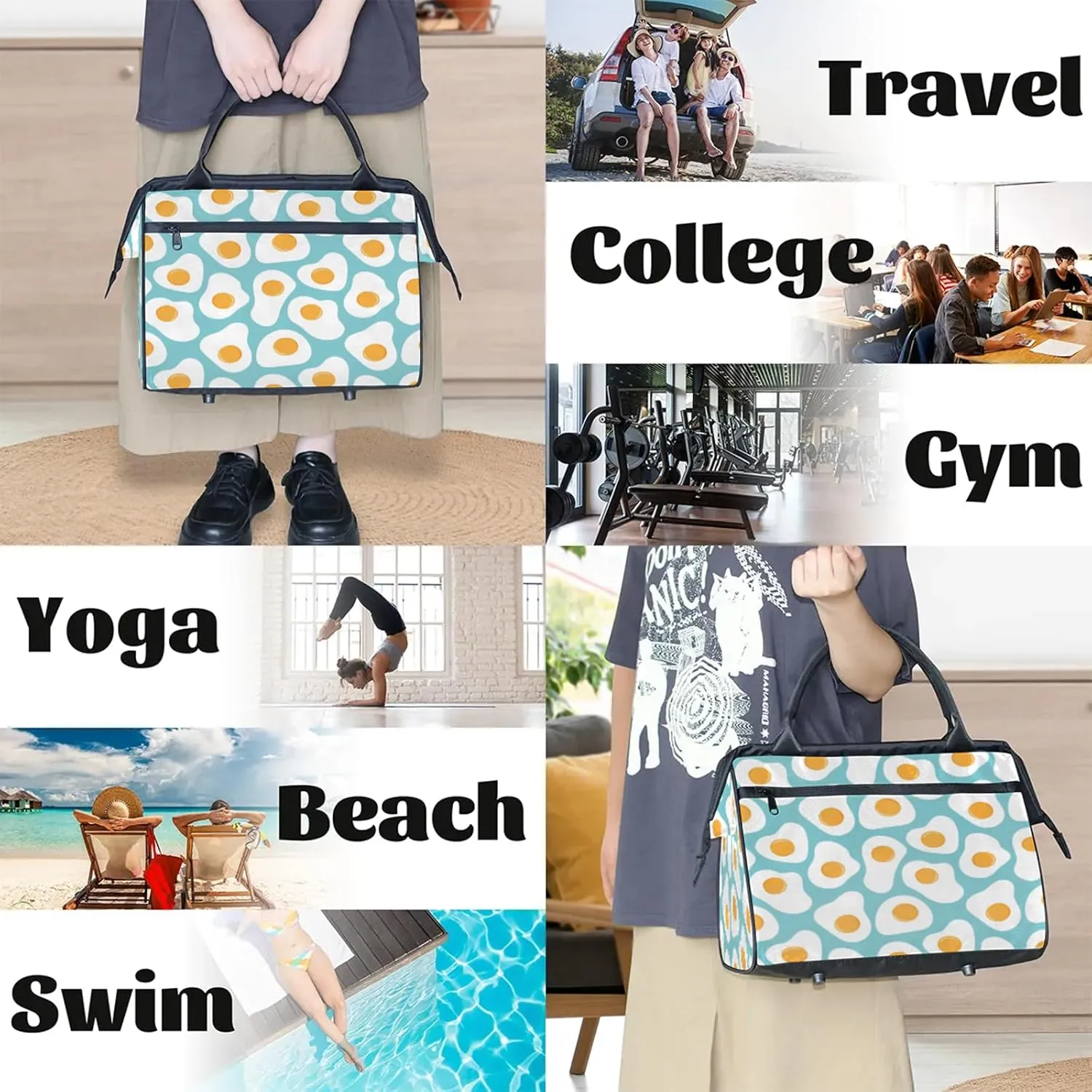 Cute Food Egg Travel Duffel Bag Gym Tote Bag for Women Men Waterproof Weekend Overnight Bag Carry On Tote Luggage with Pocket Personal Item Bags Sports Bag fit Travel Sports Gym Yoga