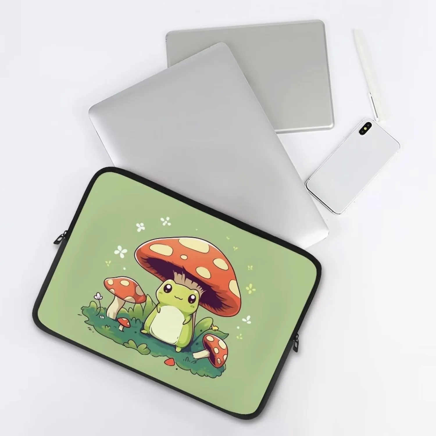 Cute Frog Laptop Protective Sleeve for Women Men 15 Inch Computer Sleeve Neoprene Laptop Bag Mushroom Lap Top Case Suitable for Travel School Office Organizers Green