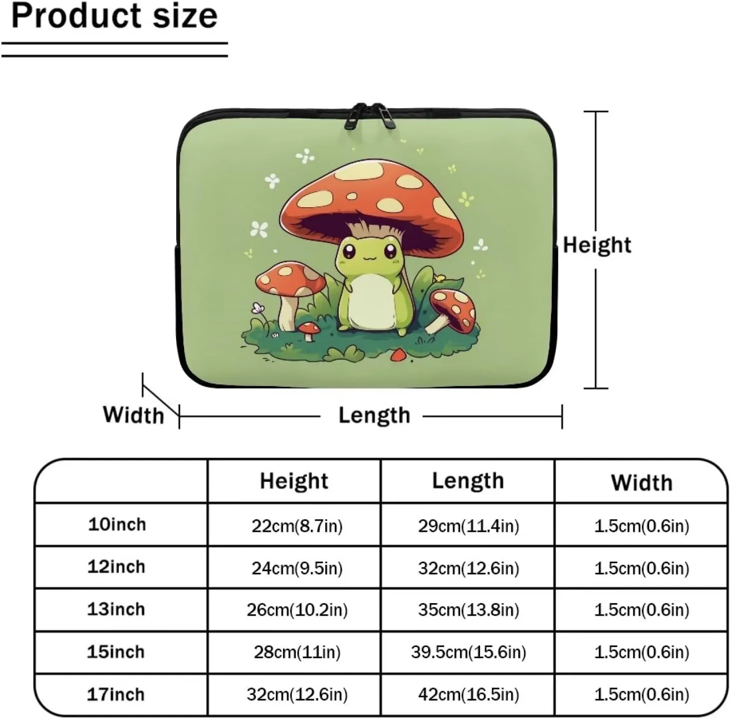 Cute Frog Laptop Protective Sleeve for Women Men 15 Inch Computer Sleeve Neoprene Laptop Bag Mushroom Lap Top Case Suitable for Travel School Office Organizers Green