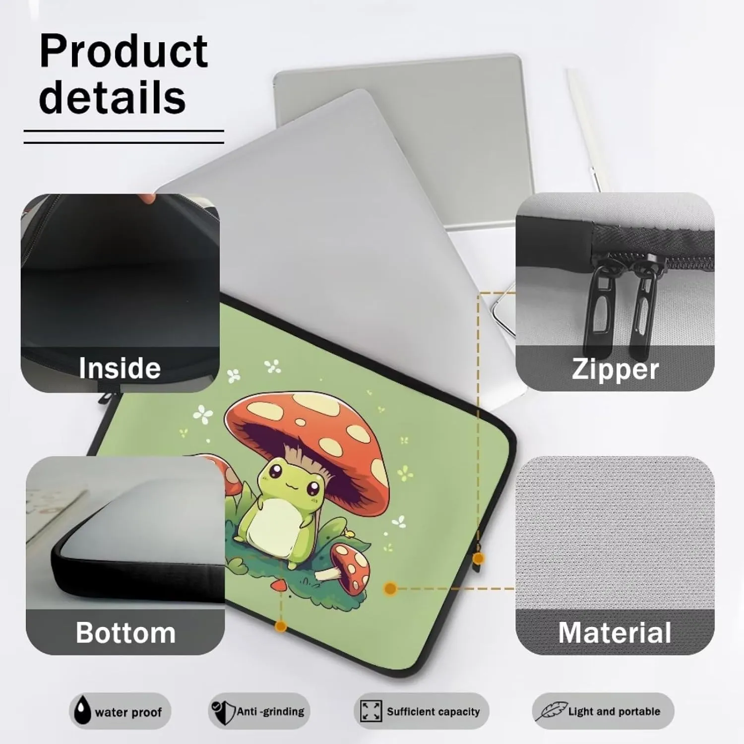 Cute Frog Laptop Protective Sleeve for Women Men 15 Inch Computer Sleeve Neoprene Laptop Bag Mushroom Lap Top Case Suitable for Travel School Office Organizers Green