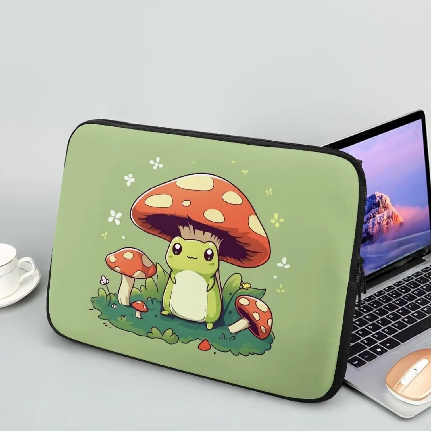Cute Frog Laptop Protective Sleeve for Women Men 15 Inch Computer Sleeve Neoprene Laptop Bag Mushroom Lap Top Case Suitable for Travel School Office Organizers Green